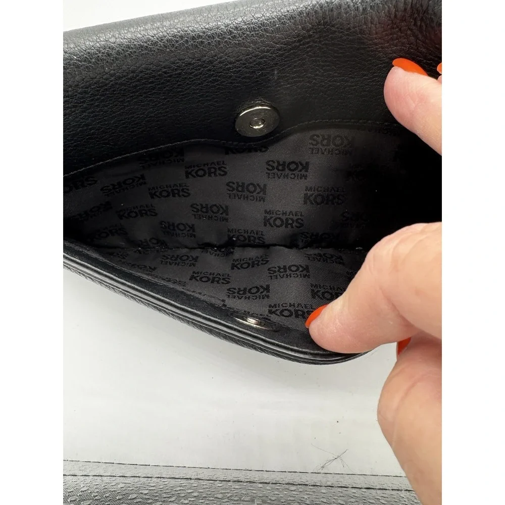 MICHAEL KORS Black Pebbled Leather Studded Chain Flap Clutch Gold Hardware PT1